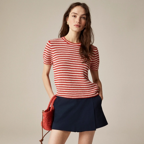New JCREW Size S Crewneck T-Shirt Sweater in Stripe Linen Red Multi $89 CJ407 - Picture 1 of 7